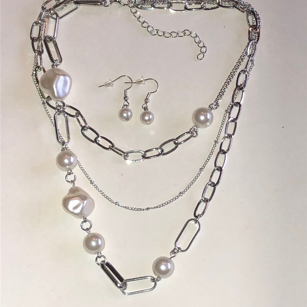 Classic Silver Tone Chain Faux Pearl Layered Necklace & Earrings Set